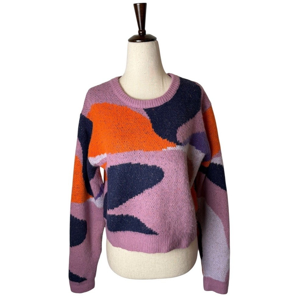 Ciebon Abstract Intarsia Knit Sweater Women Medium Purple Orange Artsy Y2K Bold - Picture 2 of 10